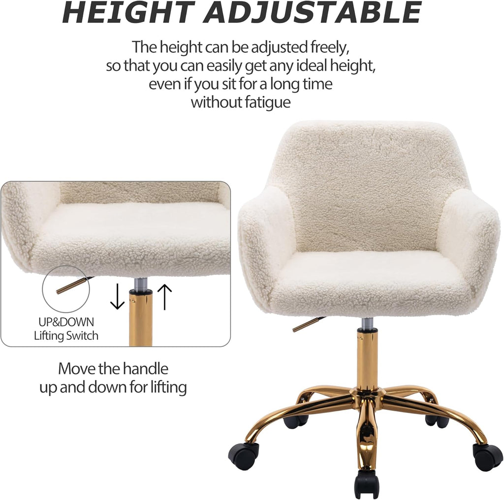 Faux Fur Office Desk Chair, Comfy Swivel Armchair with Wheels, Upholstered Fuzzy Vanity Chair, Adjustable Height, White