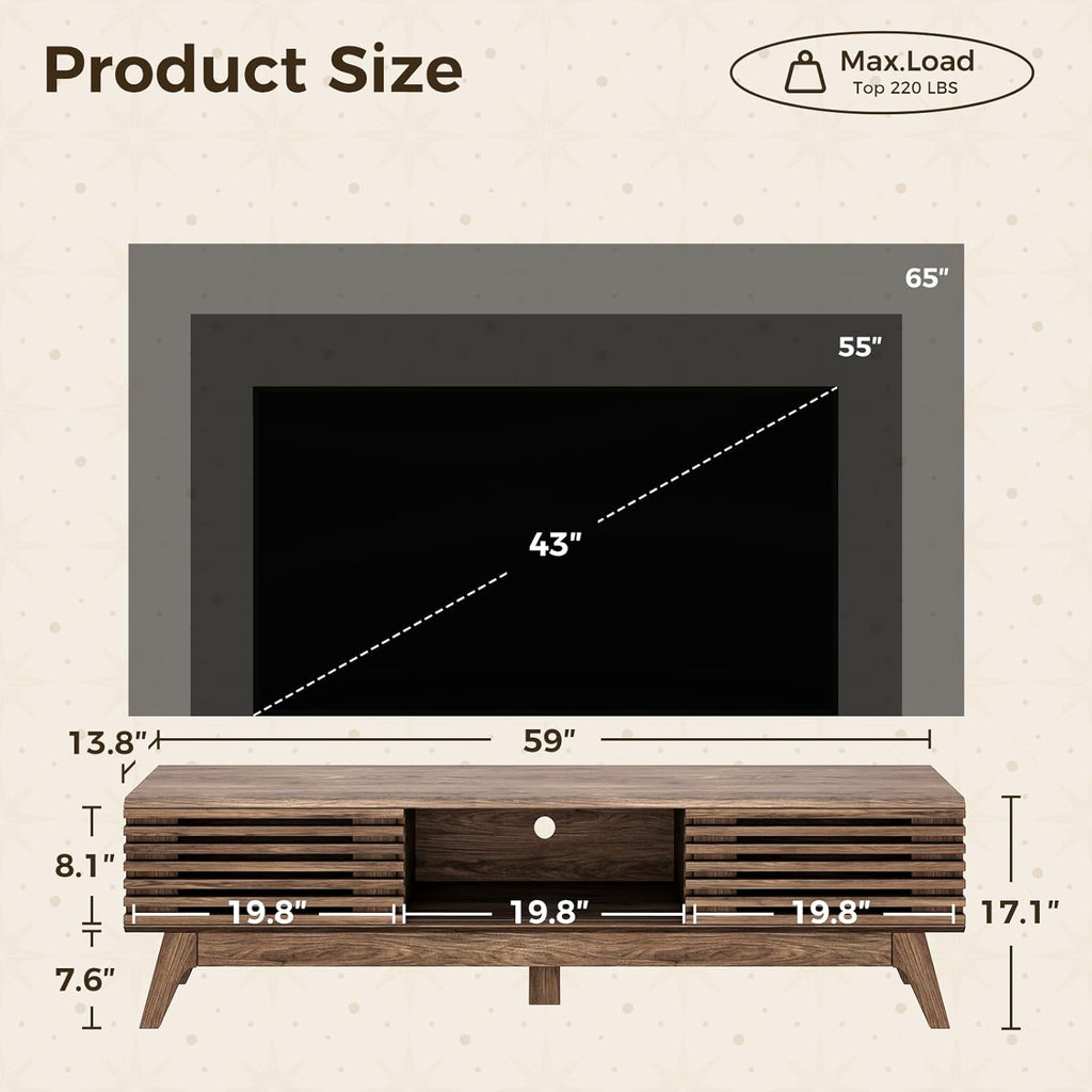 59" TV Stand for 55"/60"/65" TVs, Mid-Century Modern Fluted Entertainment Center with Sliding Doors, Storage Cabinets