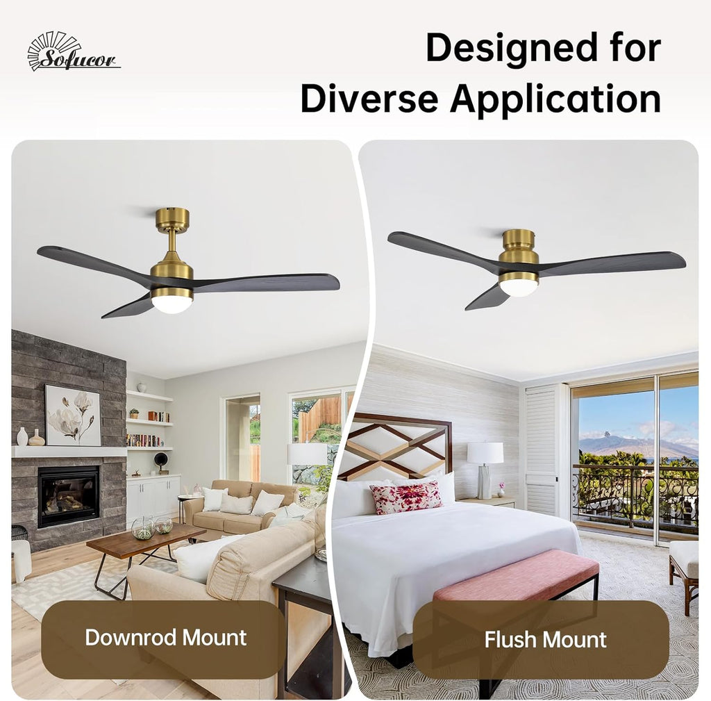 52" Solid Wood Ceiling Fan Lights, Flush Mount & Downrod Mount Ceiling Fan with Lights and Remote