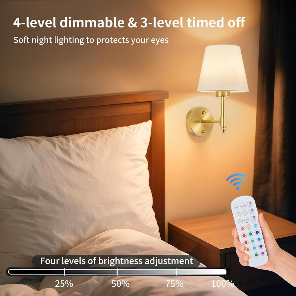 Battery Operated Wall Sconce Set of 2, Rechargeable Wireless Wall Lights with fabric Lampshade, 5200mAh Dimmable