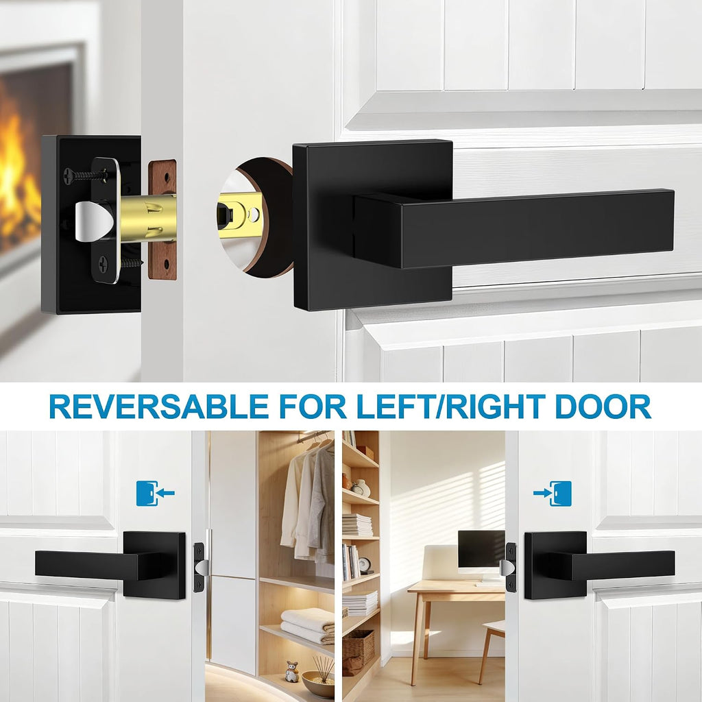 4 Pack Black Door Handles Interior, Passage Door Levers Closet Door Knobs Heavy Duty Square Non-Locking Handlesets