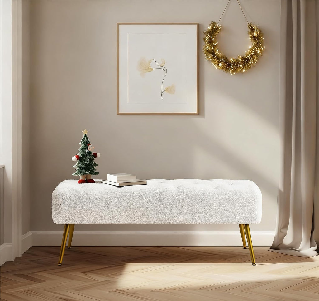 45in Boucle Ottoman Bench End of Bed, Ivory | Tufted Upholstered Bench Seat, Bed Bench with Tapered Gold Metal Legs