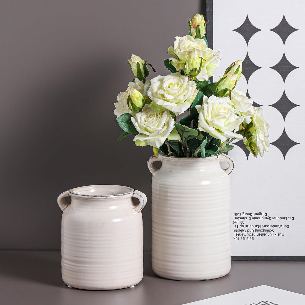Ceramic Rustic Distressed White Flower Vase for Centerpieces