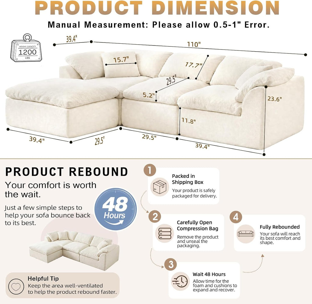 110" Boneless Cloud Couch Sectional , Oversized Modular L Shaped Sofa with Ottoman, Deep Seat Chenille Sectional