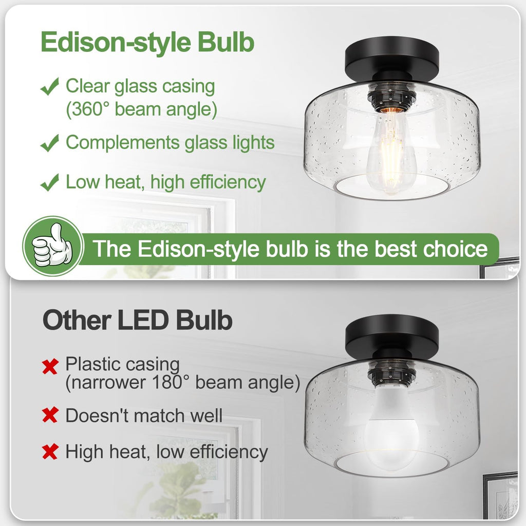 Industrial Semi Flush Mount Ceiling Light, 800 Lumen LED Bulb Included, Seeded Glass Shade Farmhouse Light Fixture