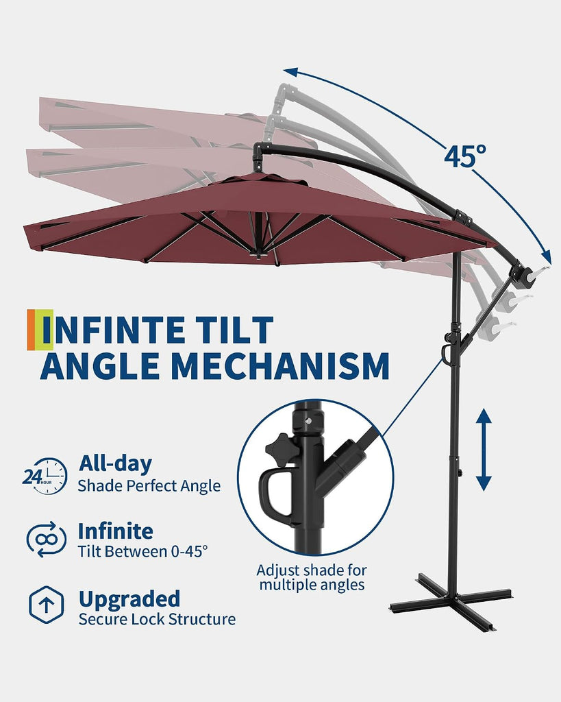 10FT Cantilever Patio Umbrella with Cross Base, Outdoor Offset Market Umbrella with Infinite Tilt and Crank Lift