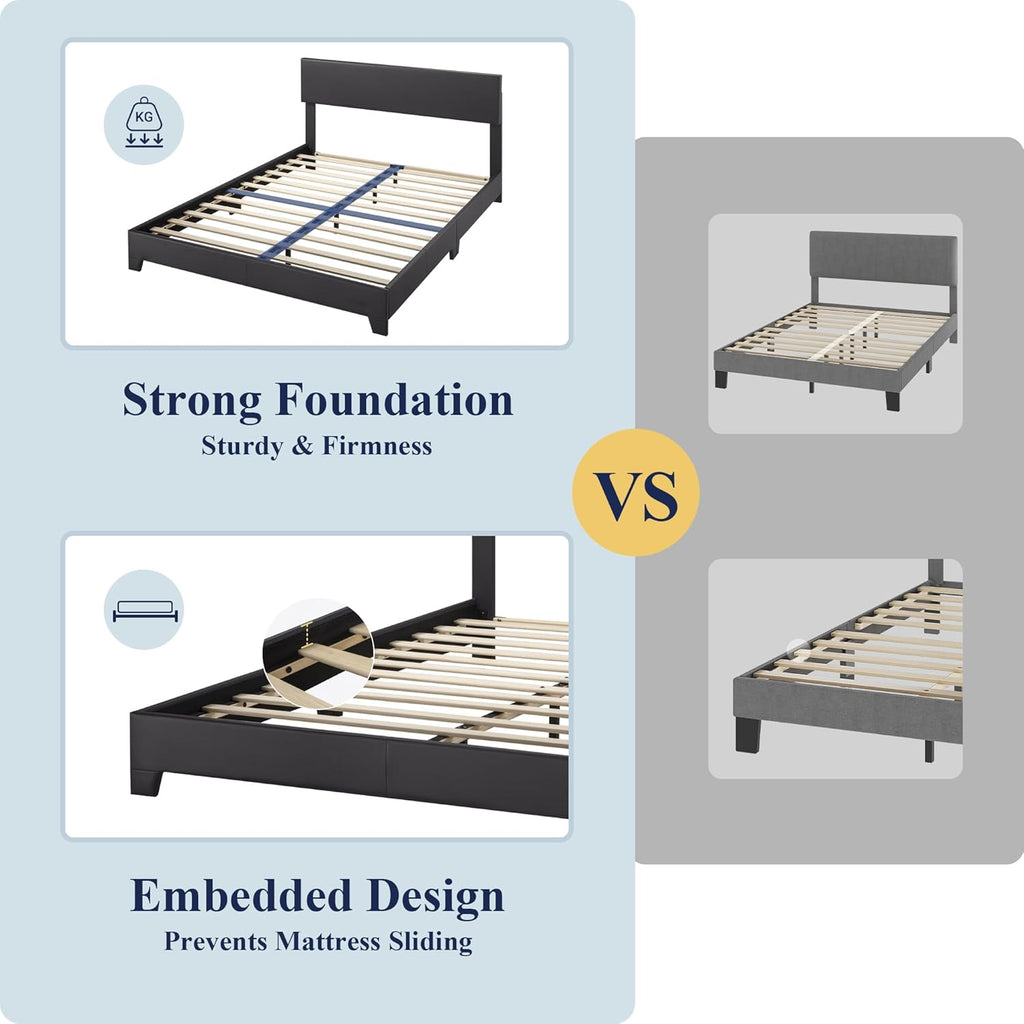 Queen Bed Frame with Adjustable Headboard, Faux Leather Platform Bed with Wood Slats, Heavy Duty Mattress Foundation