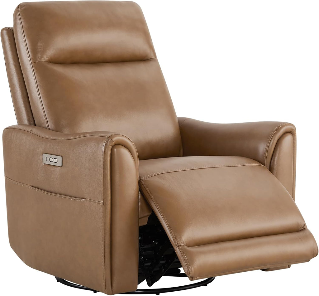 Genuine Leather Power Recliner Chairs for Adults, Swivel Glider Recliner Chair with Charging Ports, Saddle