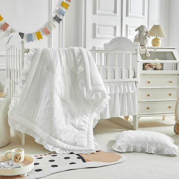 The Ruffled Shabby Crib Bedding Set for Girls, Baby Quilted Comforter with Fitted Sheet, Bed Skirt, and