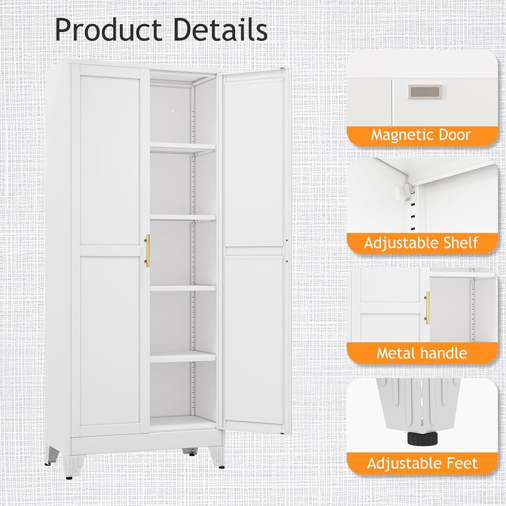 71" Tall Metal Pantry Storage Cabinet with Doors and 4 Adjustable Shelves, White Kitchen Food Pantry Cabinets, Tall