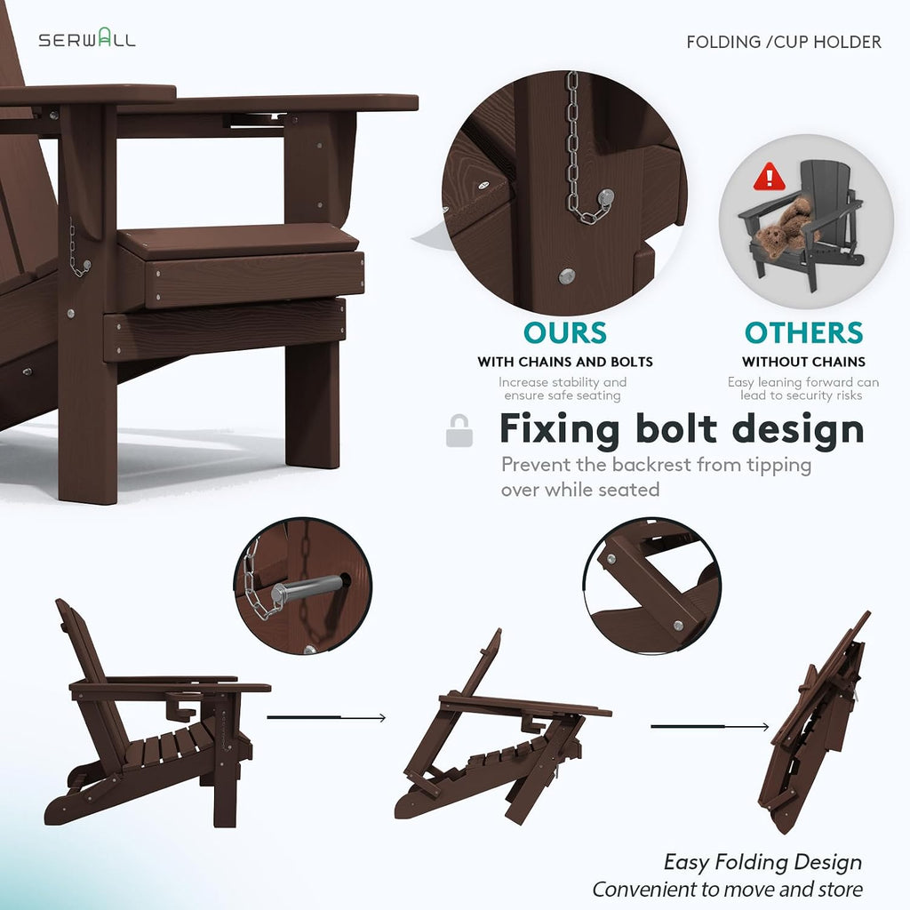 Outdoor Adirondack Chairs Set of 2 with Cup Holders,Foldable,Coffee | HDPE Composite,Waterproof,Wood Grain,Cup &