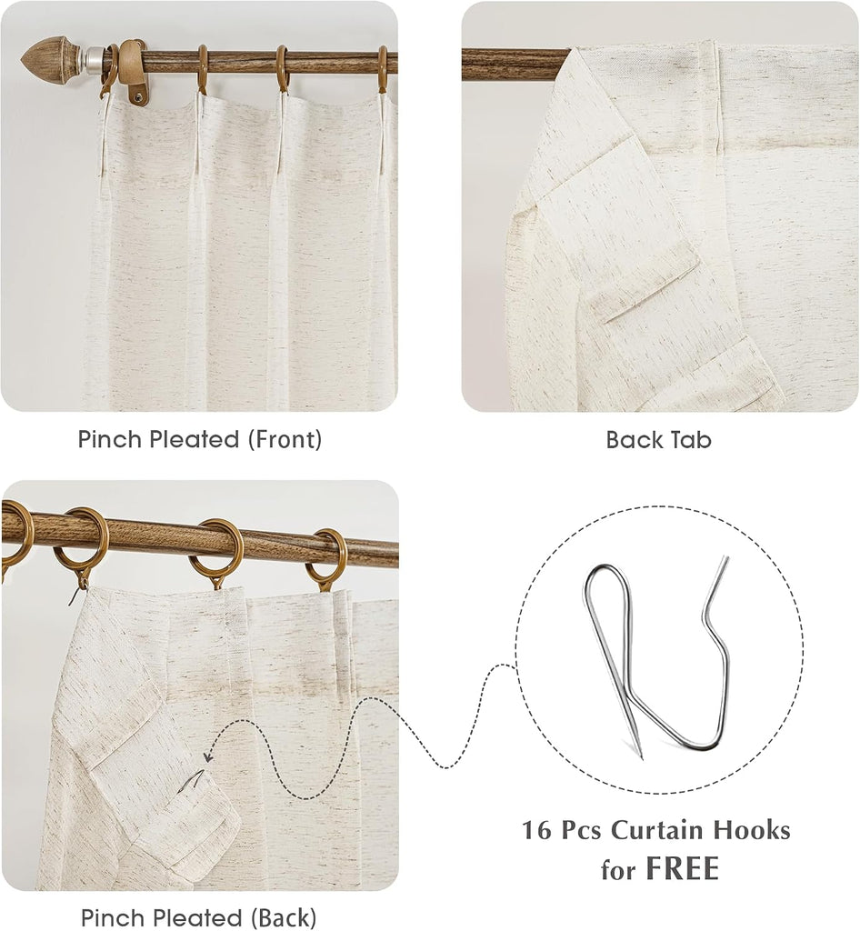 Linen Sheer Pinch Pleated Curtains, Linen Flax Beige 96 Inches Long Sheer Curtain Panels, Natural Back Tab Window