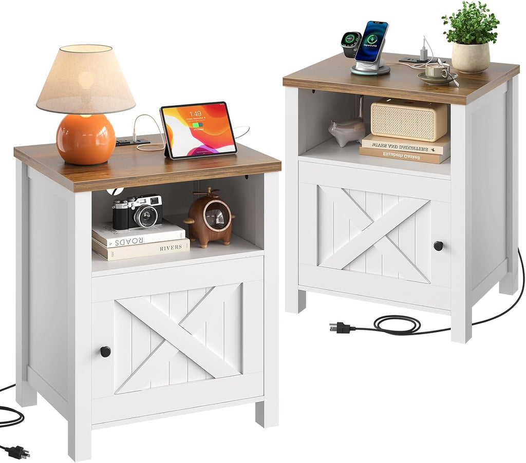 Farmhouse Nightstand Set of 2, Wood Bedside Table with Charging Station, Night Stand with Shelf and Doors, End Table