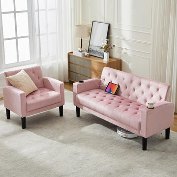 Mid-Century Modern Tufted Pink Velvet Loveseat Sofa Set w/ 2 USB & 2 Cupholders, 2 Piece Living Room Furniture Sets