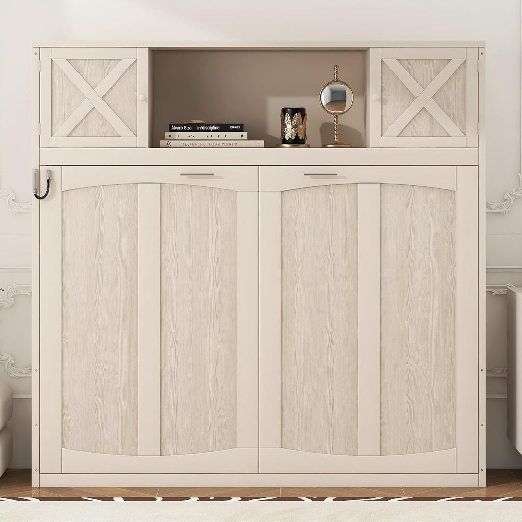 Full Murphy Bed with Storage Cabinets, Rustic Solid Wood Wall Bed with 3 Cabinet Shelves, Space Saving Foldable Bed