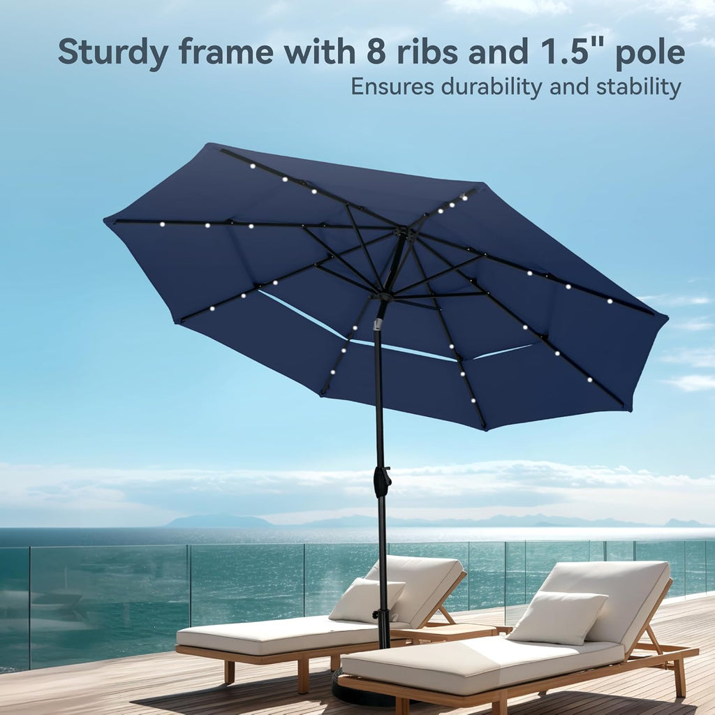 10ft Patio Umbrella with Light, Outdoor Large Auto-Tilt 3 Tier Market Table Umbrellas with 8 Sturdy Ribs and 1.5" Pole