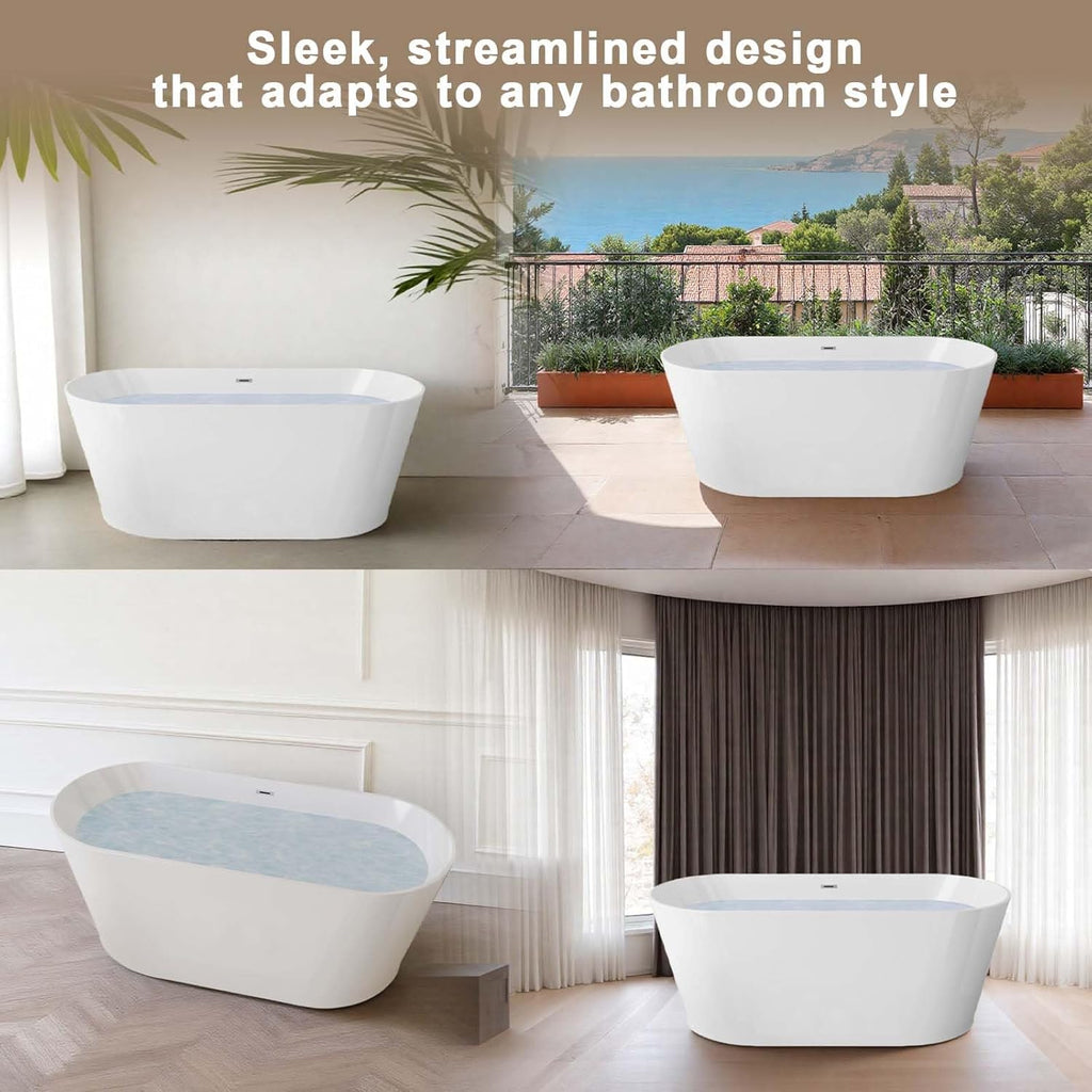 Acrylic Freestanding Soaking Bathtub with Toe-Tap Chrome Drain, Oval Stand Alone Tub, Ergonomic Soaking Tub (67")