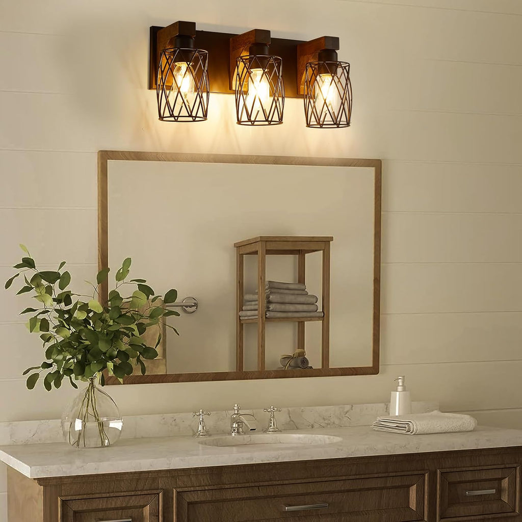 Farmhouse Bathroom Vanity Light, 3-Light Wood Bathroom Light Fixtures Over Mirror, Black Industrial Vanity Lights