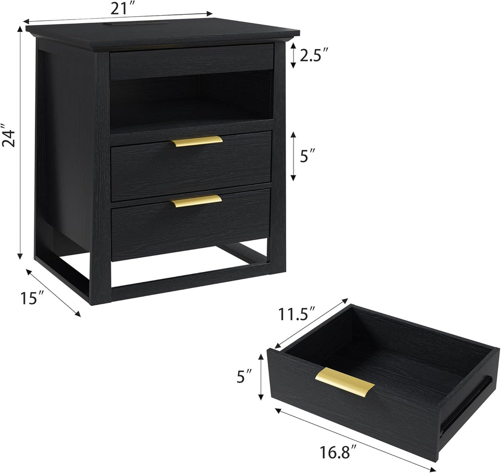 3 Drawer Nightstand with Charging Station & LED Lights & Open Shelf, Modern Night Stand with Storage, Wooden Bedside