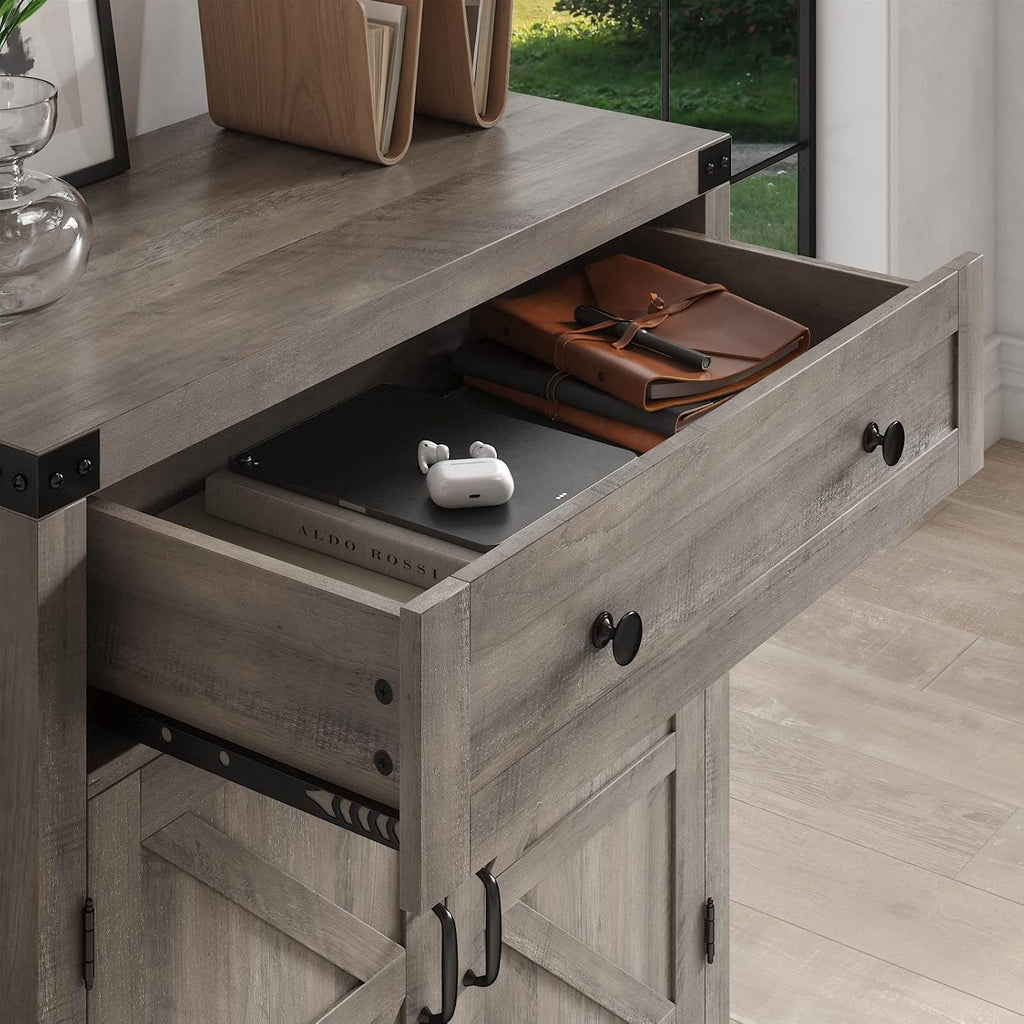 Kitchen Storage Cabinet, Farmhouse Coffee Bar Cabinet, Ash Gray | Small Buffet Cabinet with Doors & Wide Drawer, Wood