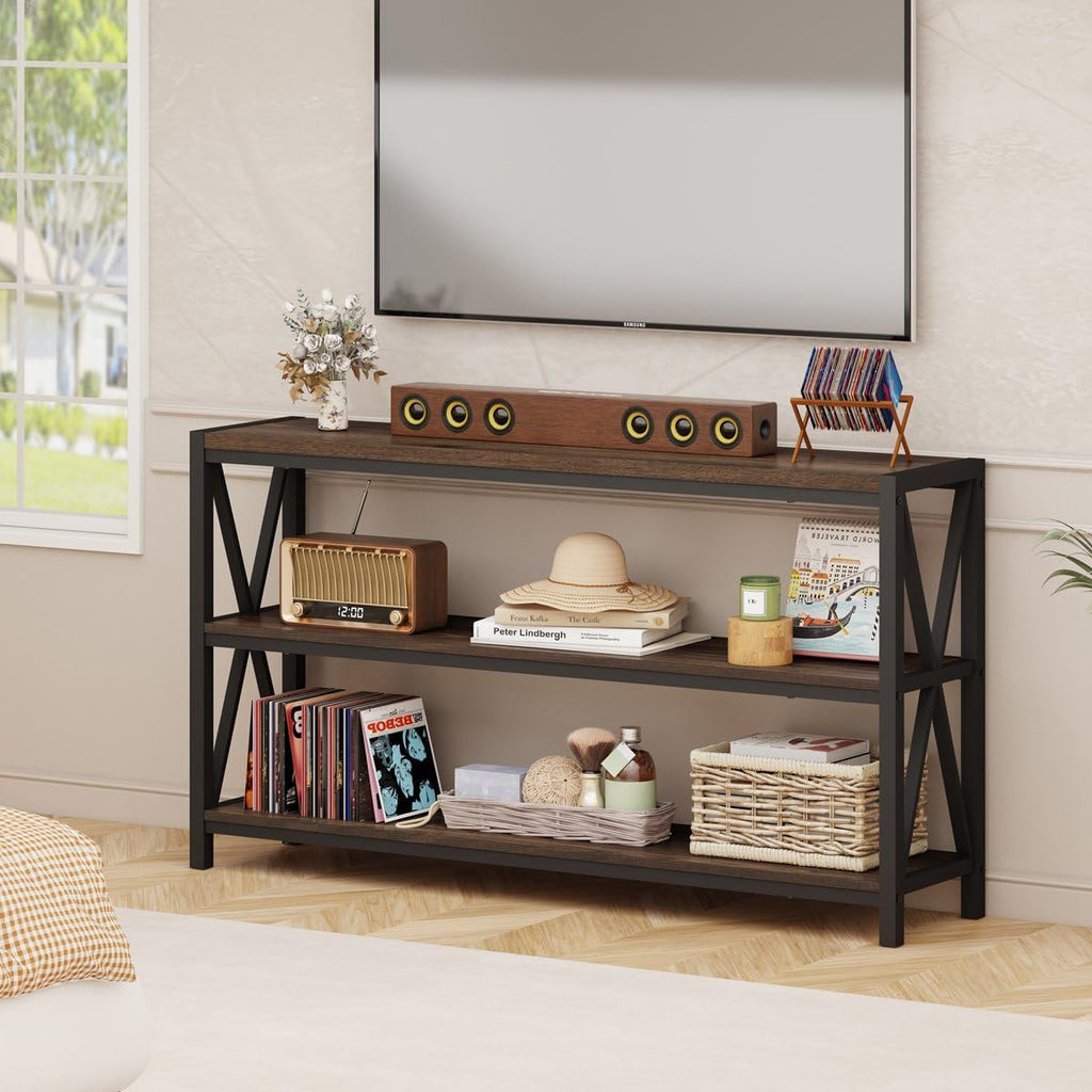 Console Table , Modern Entry Table with 3 Tier Shelves, Couch Tables Behind Sofa (55 Inch, Dark Walnut)