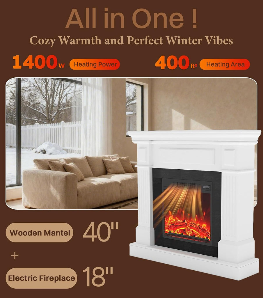 40" Electric Fireplace with Mantel, TV Stand＆Freestanding Fireplace, 18 inch Electric Fireplace Heater with 4 Flame