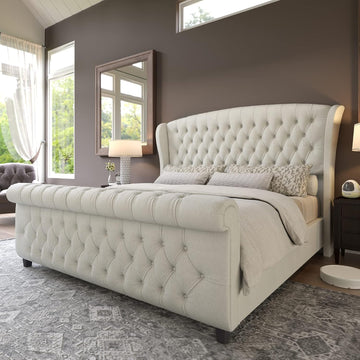 Queen Platform Bed Frame, Chenille Upholstered Sleigh Bed with Scroll Wingback Headboard & Footboard/Button Tufted/No