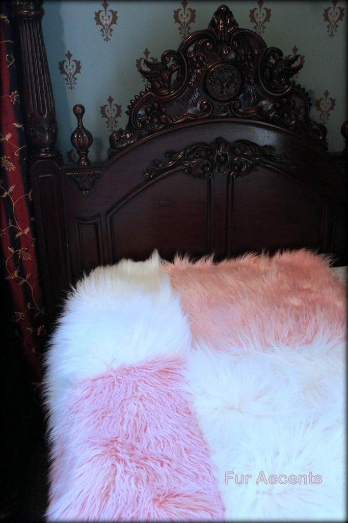 Premium Faux Fur Queen Bedspread,Throw Blanket, Shaggy Faux Fur, Pink and White, Patchwork Quilt Squares Other Sizes