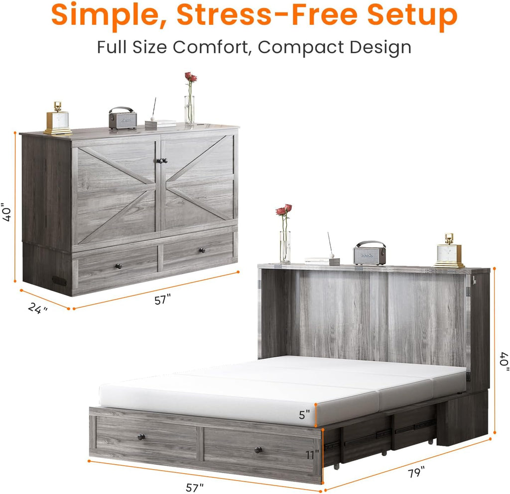 Full Murphy Bed with Tri-Folding Mattress，Murphy Bed Full with Charging Station and Storage Drawers for Small