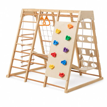 9-in-1 Toddler Indoor Jungle Gym & Playground Set, Wooden Climbing Toy with Slide, Swing, Climbing Net, Rings