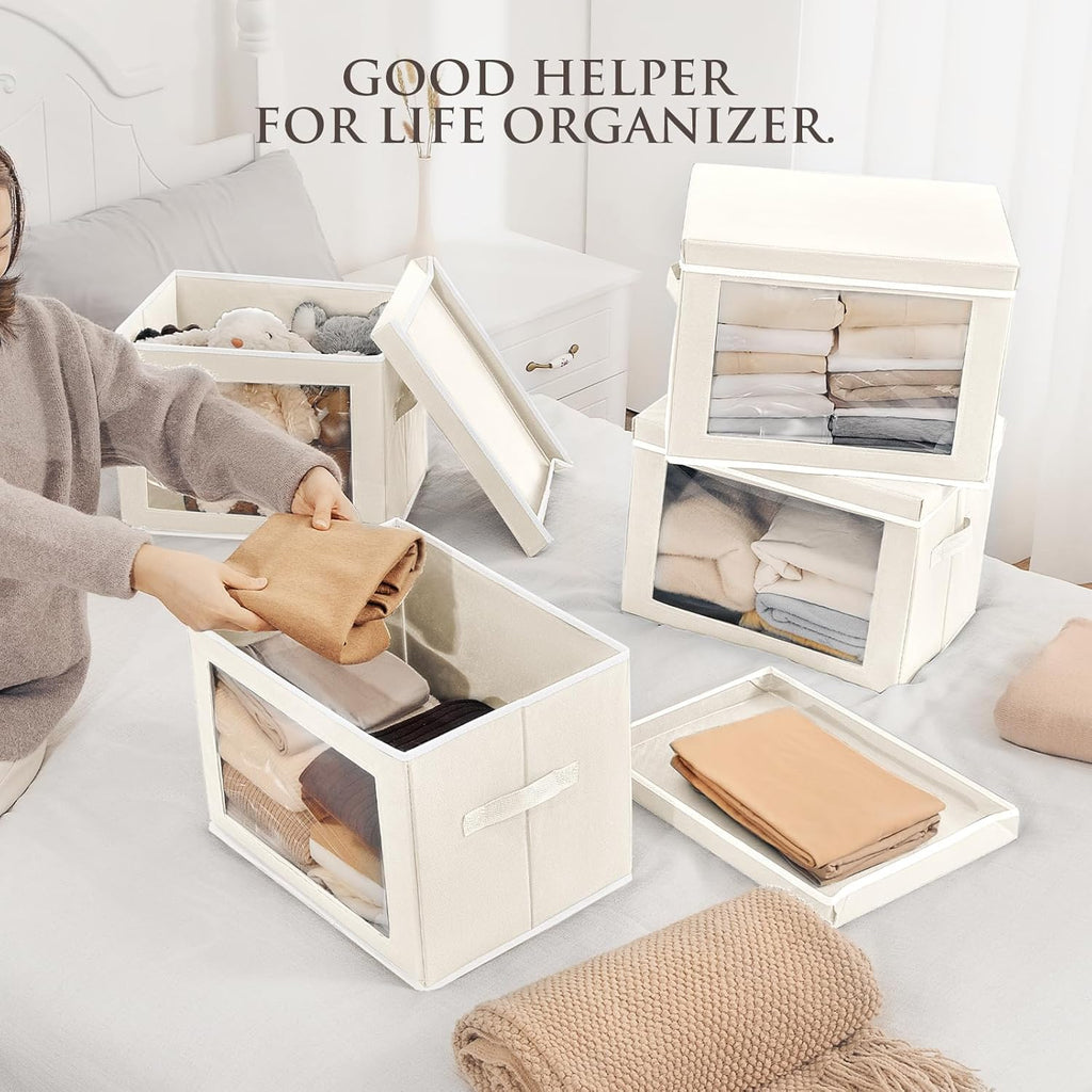 Fabric Storage Bins with Lids, Decorative Storage Boxes, Closet Storage Bins with Window, Storage Baskets for Closet