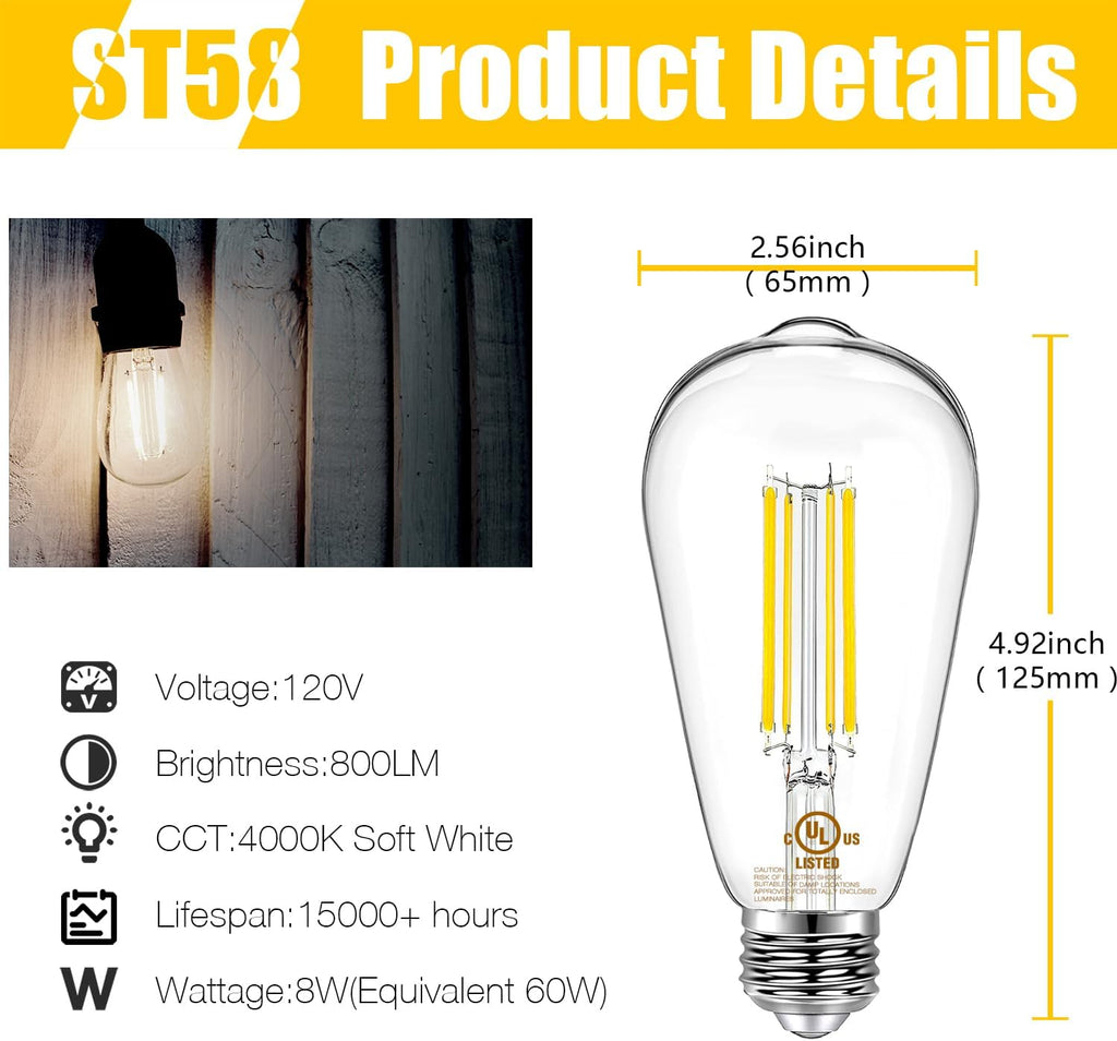 12 Pack Vintage LED Edison Bulbs, E26 Led Bulb 60W Equivalent, Dimmable Led Light Bulbs, High Brightness 800 LM