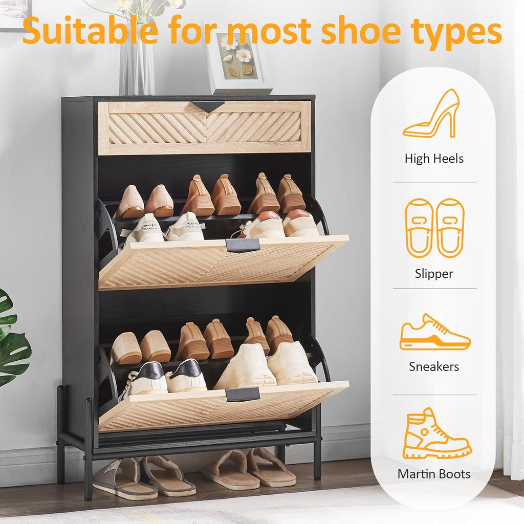 Shoe Cabinet Storage with 2 Flip Drawers, Narrow Hidden Shoes Organizer Cabinet , Freestanding Slim Shoe Rack Front