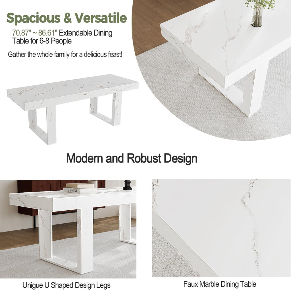 71-87 Inch White Extendable Dining Table, Seats 6-10, Modern Kitchen Table