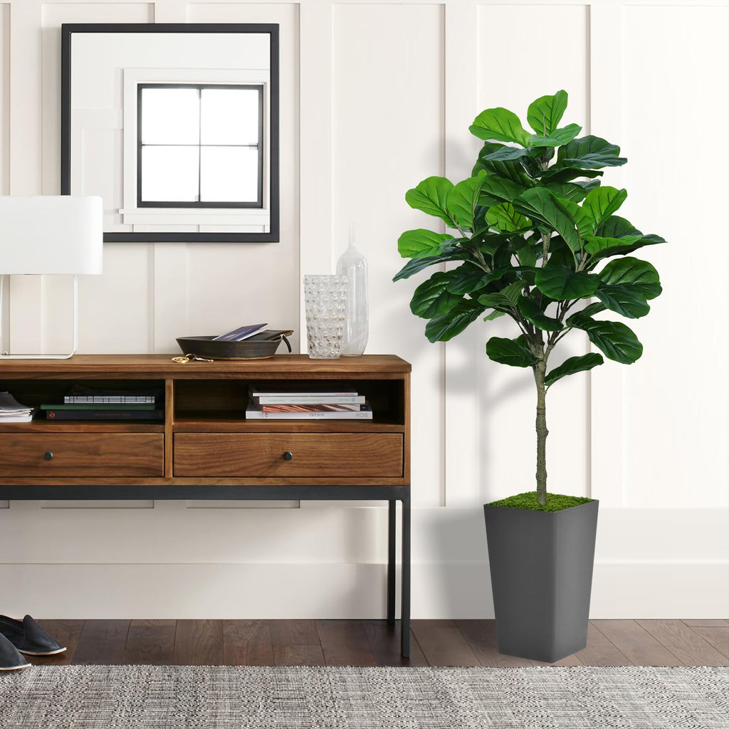Fiddle Leaf Fig Tree Artificial 5FT - Faux Fiddle Leaf Fig Tree with Gray Tall Planter - Fake Ficus Lyrata Floor