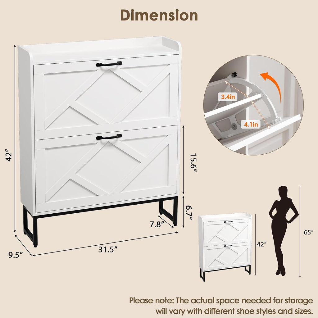 Shoe Storage Cabinet with 2 Flip Drawers, Freestanding Shoe Organizer, Shoe Cabinet with Metal Legs, Narrow Shoe Rack