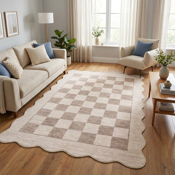 Scalloped Area Rug Modern Checkered Living Room Carpet, Non Slip Non Shedding Low Pile Indoor Rug, Machine