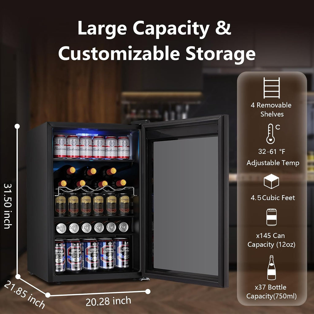 37 Bottle Wine Fridge,Freestanding 145 Can Beverage Refrigerator with Smart Temperature Control，4.5 CU FT Quiet Mini