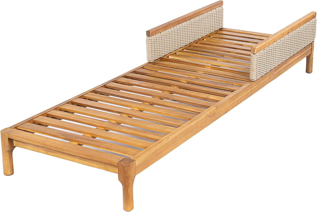 Outdoor Acacia Wood Chaise Lounge Chair Set of 2, Wooden Sunbathing Pool Lounger with Woven Rattan Accents