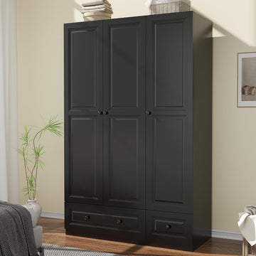 Armoire Wardrobe Closet with Drawers: 47" Black Wardrobe Closet with 3 Doors and 2 Drawers, Wood Clothes Armoire with