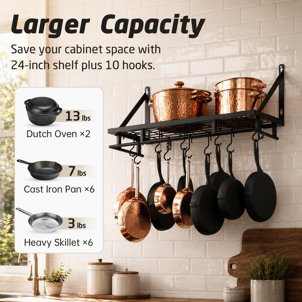 24 Inch Kitchen Pot Pan Rack Wall Mounted, 10 Hooks, Matte Black