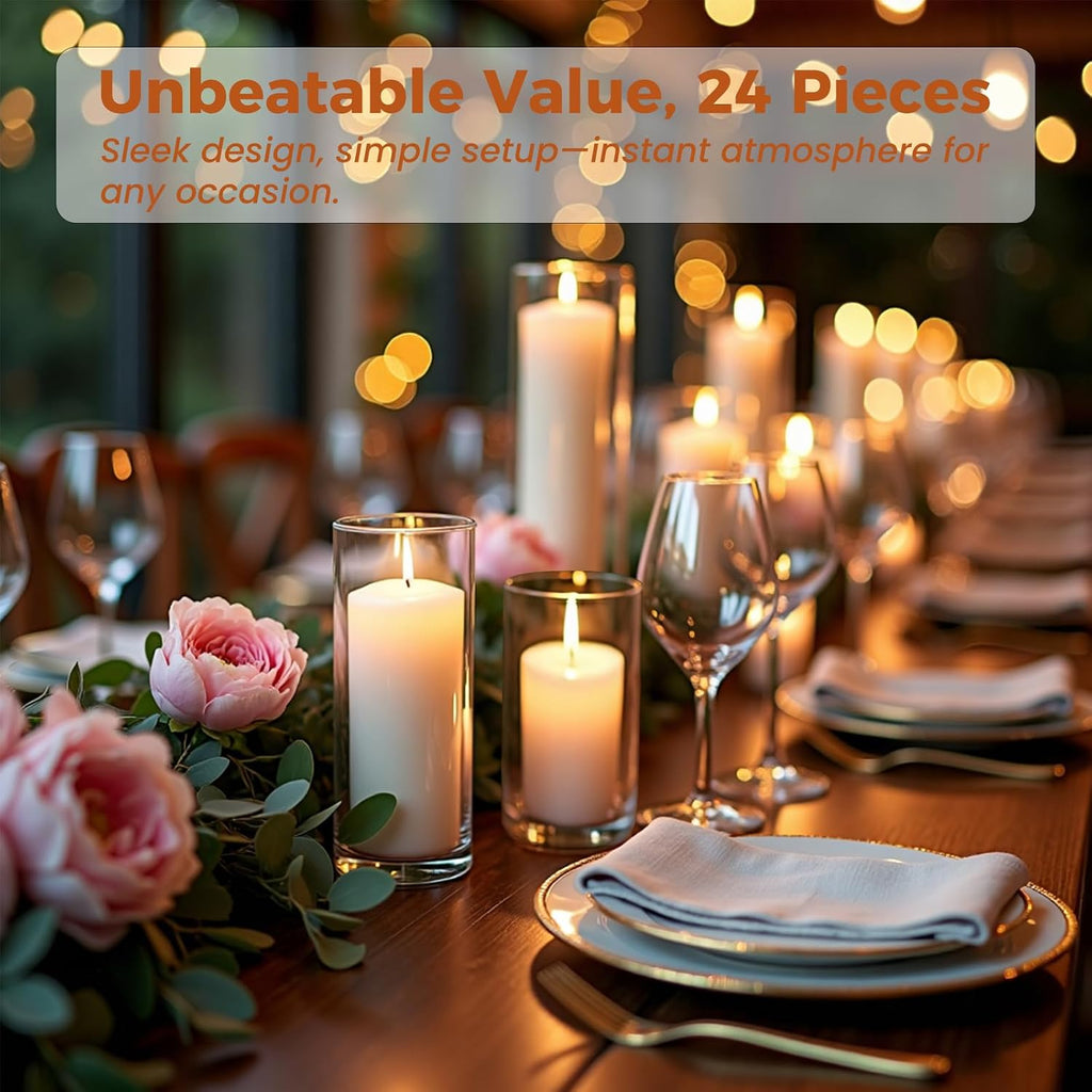 24-Pc White Pillar Candles & Clear Hurricane Glass Candle Holders, 3 Sizes | 12 dripless candles + 12 clear