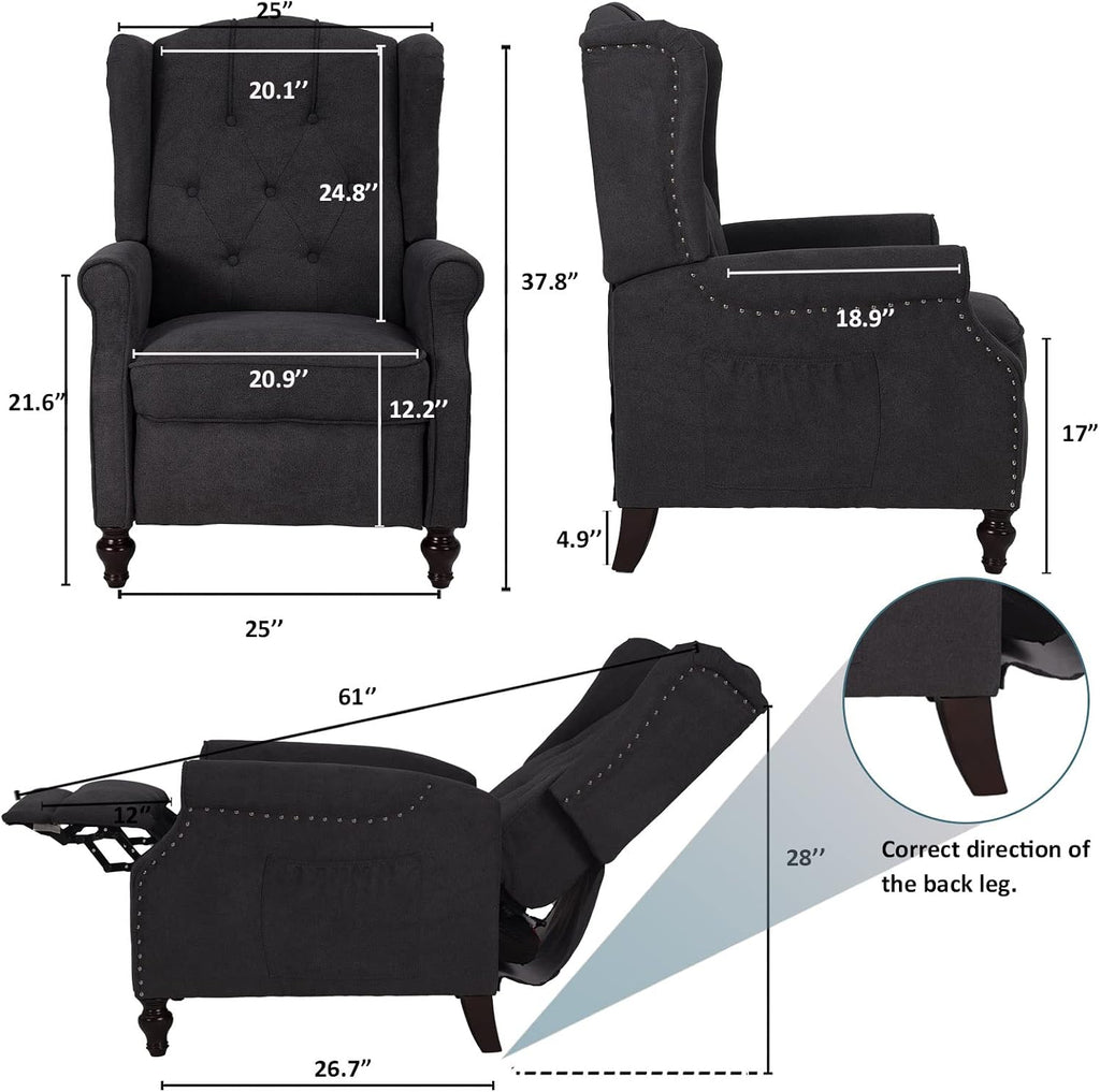 Wingback Recliner Chair with Massage & Heat, Mid Century Push Back Accent Chairs with Tufted Back, Nailhead Trim &