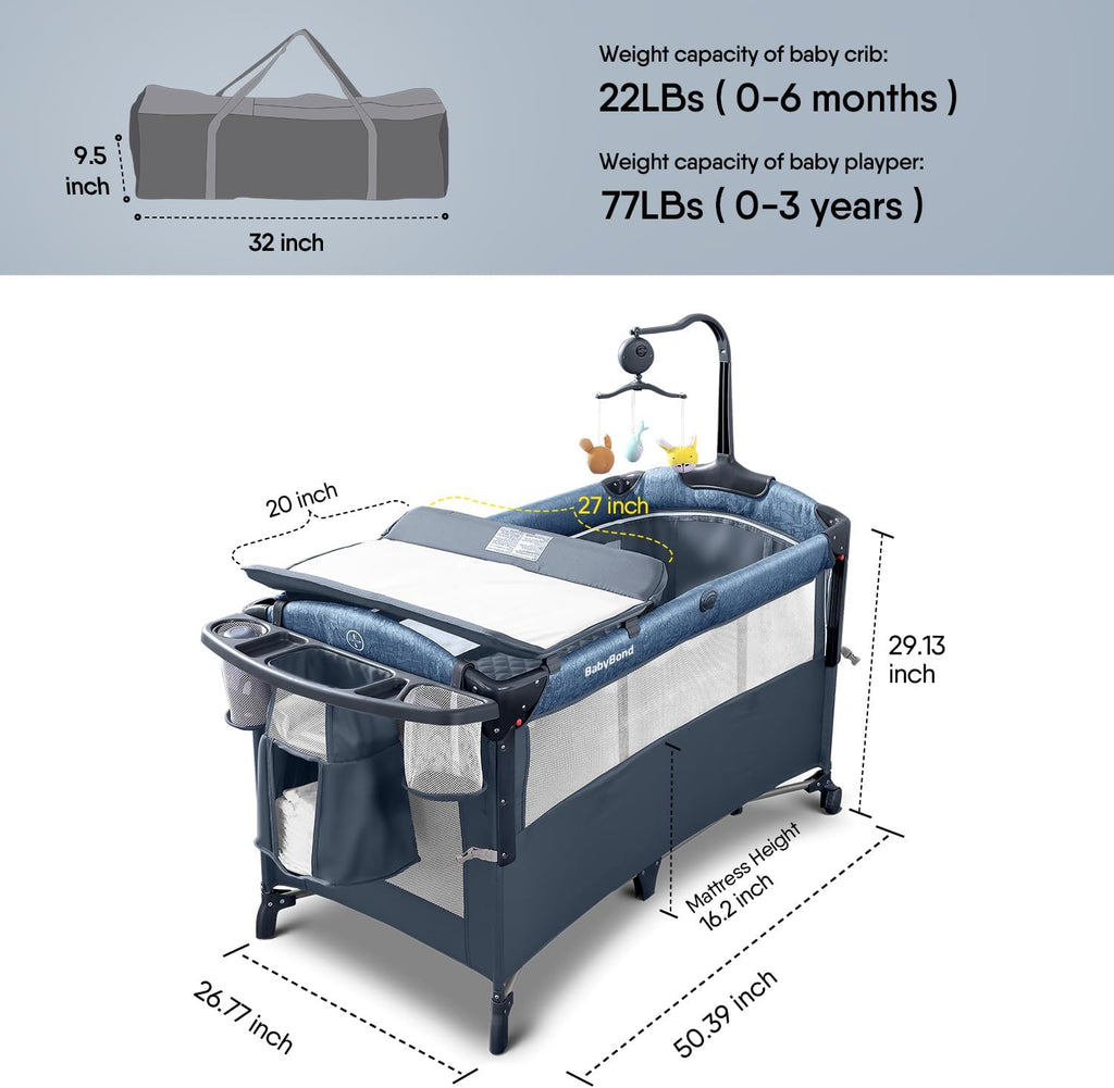 Baby Bassinet Bedside Crib, Pack and Play, Diaper Changing Table | Portable Large Playard, Music Mobile, with