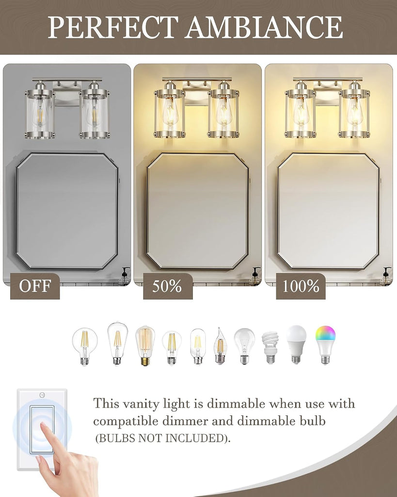 2-Light Brushed Nickel Bathroom Light Fixtures, 13.8 Inch Modern Bathroom Vanity Lighting Fixtures Over Mirror with