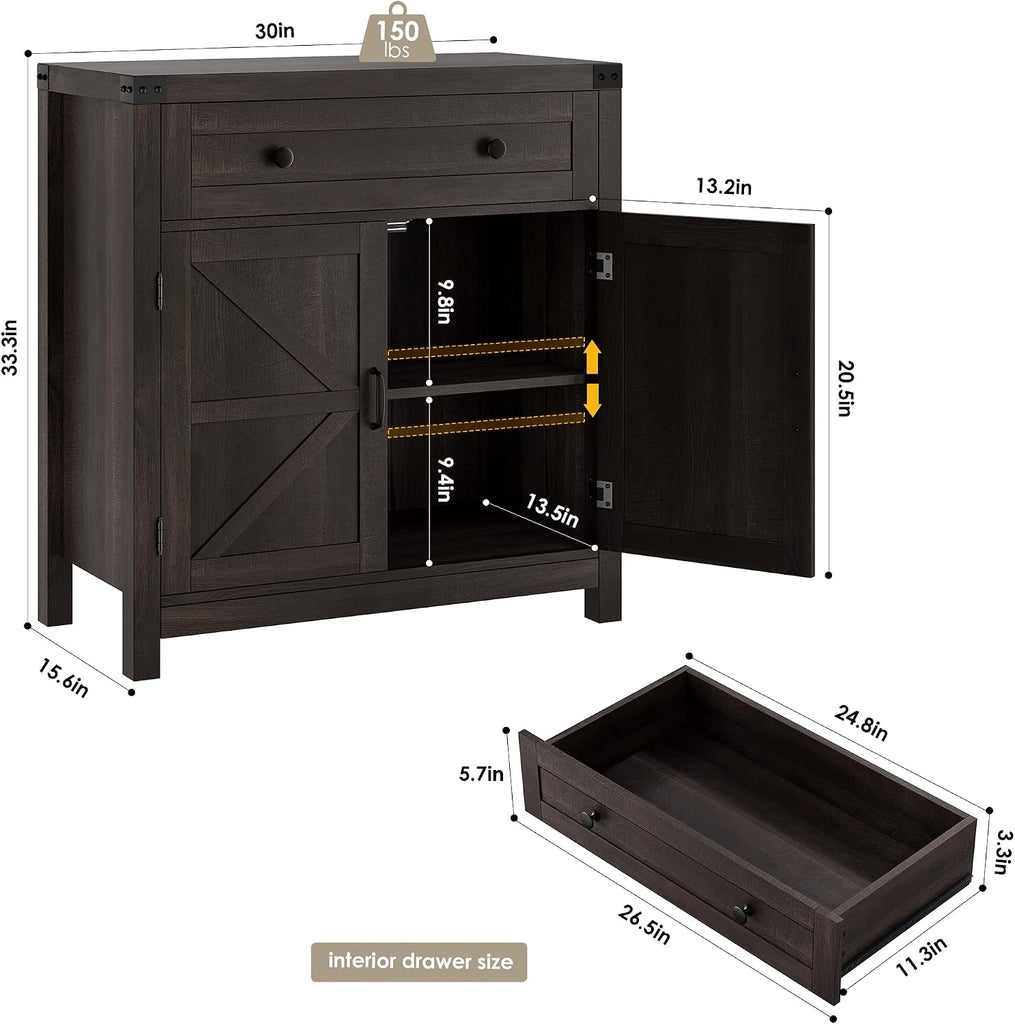 Kitchen Storage Cabinet, Farmhouse Coffee Bar Cabinet, Dark Brown | Small Buffet Cabinet with Doors & Wide Drawer