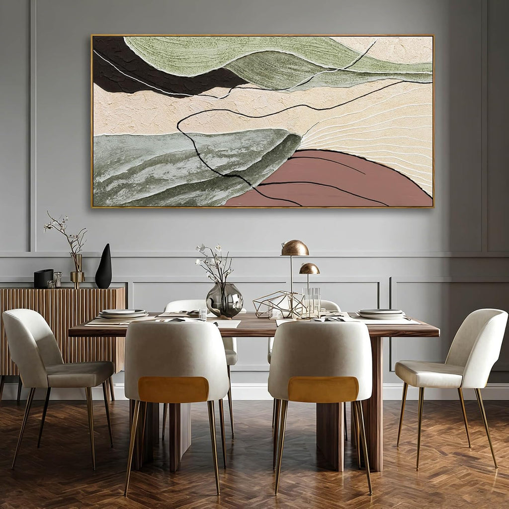 Brown Green Abstract Canvas Wall Art, Framed Beige White Painting, Neutral Black Prints Wall Decor, Artwork