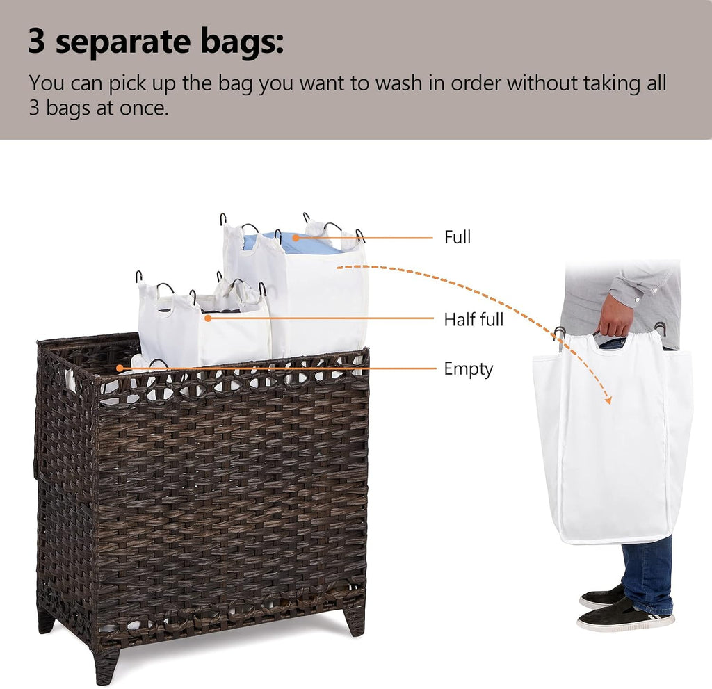 Laundry Hamper with 3 Removable Liner Bags, 132L Laundry Sorter with Lid | Raised Feet; Side Carry Handles; Handwoven