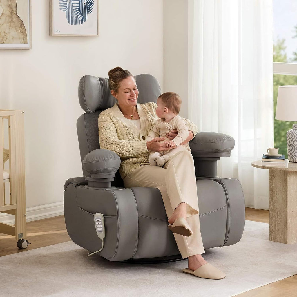Lullapod Max Power Nursery Rocking Chair with Electric Armrests | Independent Electric Recline & Footrest, Swivel