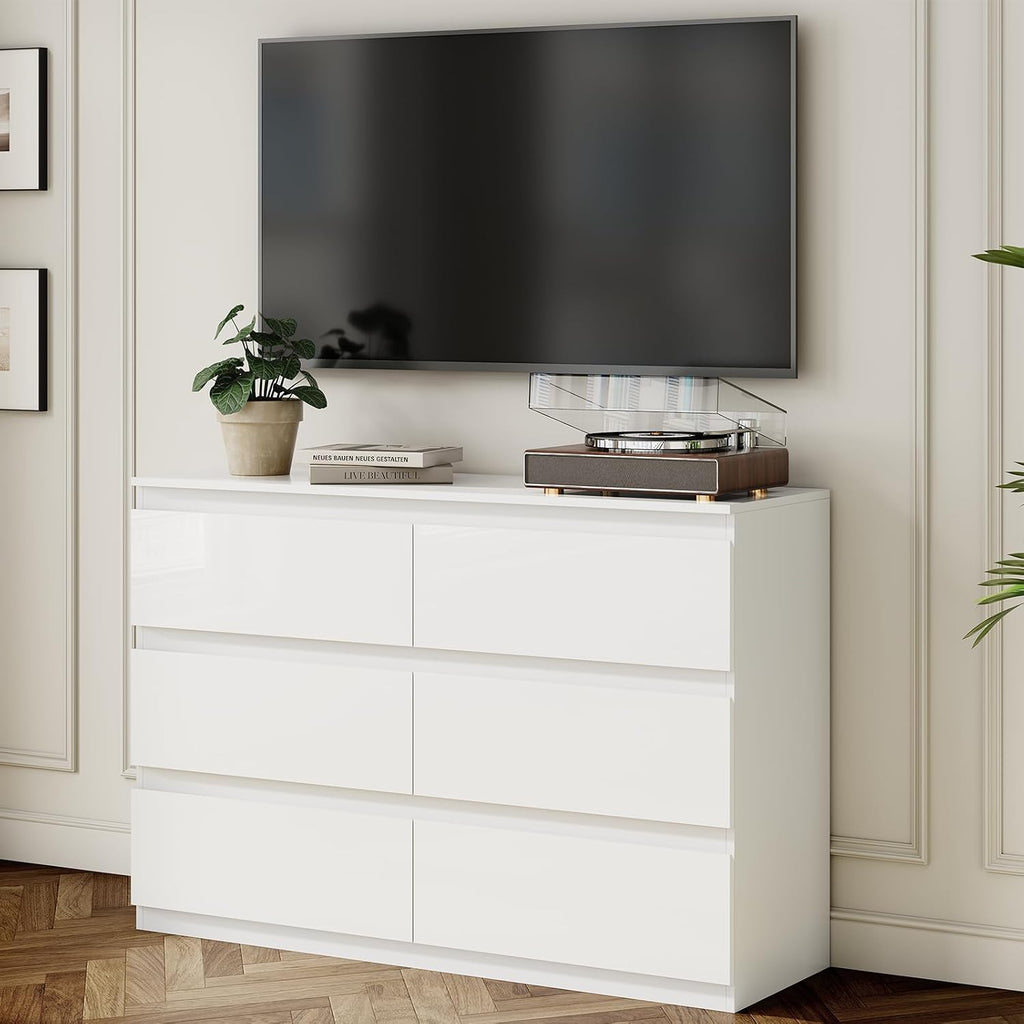 White 6 Drawer Dresser 47" Wide Closet Storage | Wood Dresser, Modern High Gloss, Handle-Free, |TV Stand|Living Room